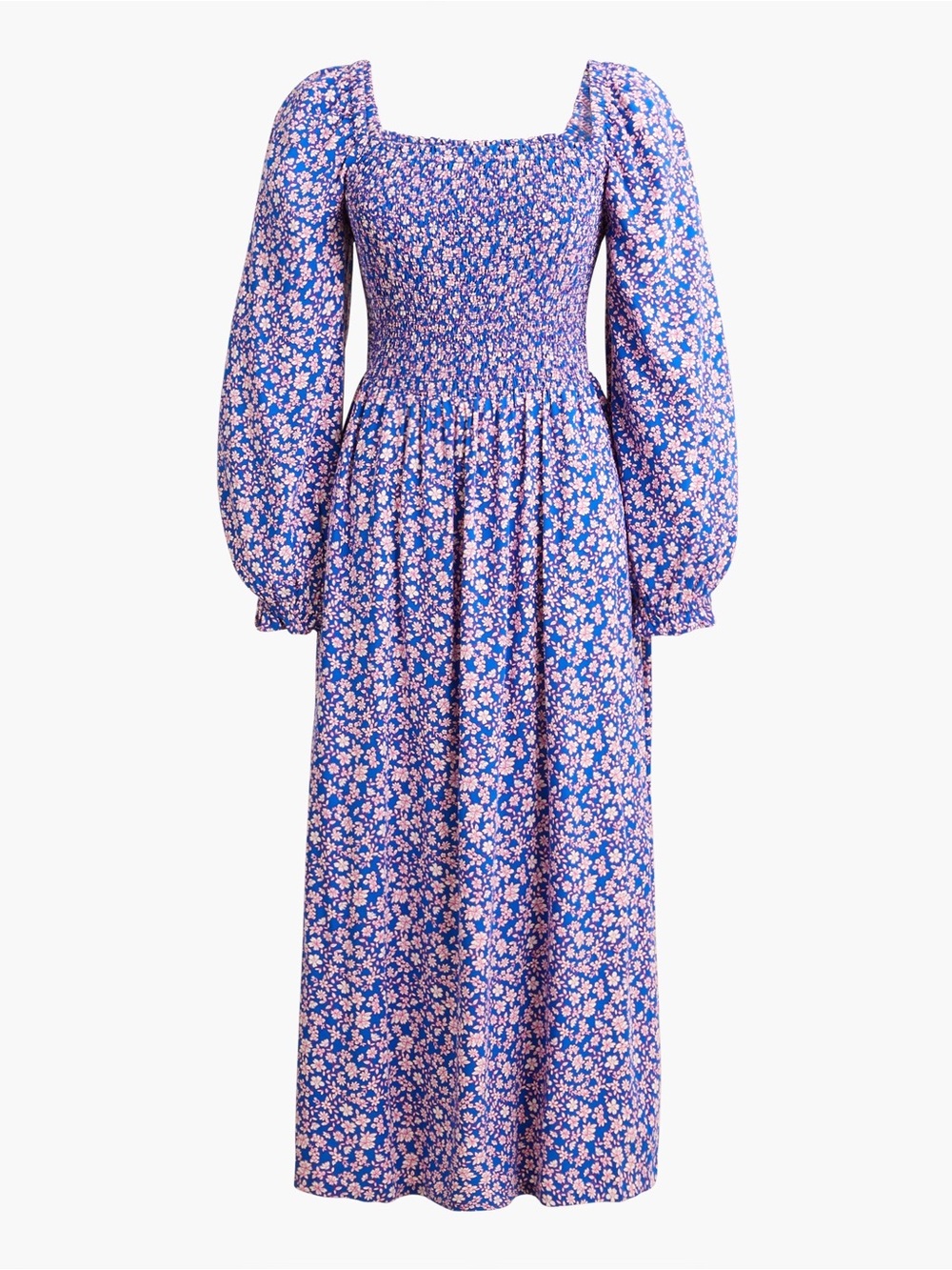 J. Crew Blue Floral Square-Neck Midi Dress with Pink Blossoms - Picture 2 of 4